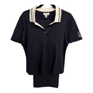 NWT 2 Pc St. John Sport Navy Polo w White Embellished Trim Collar & Pants Sz L14